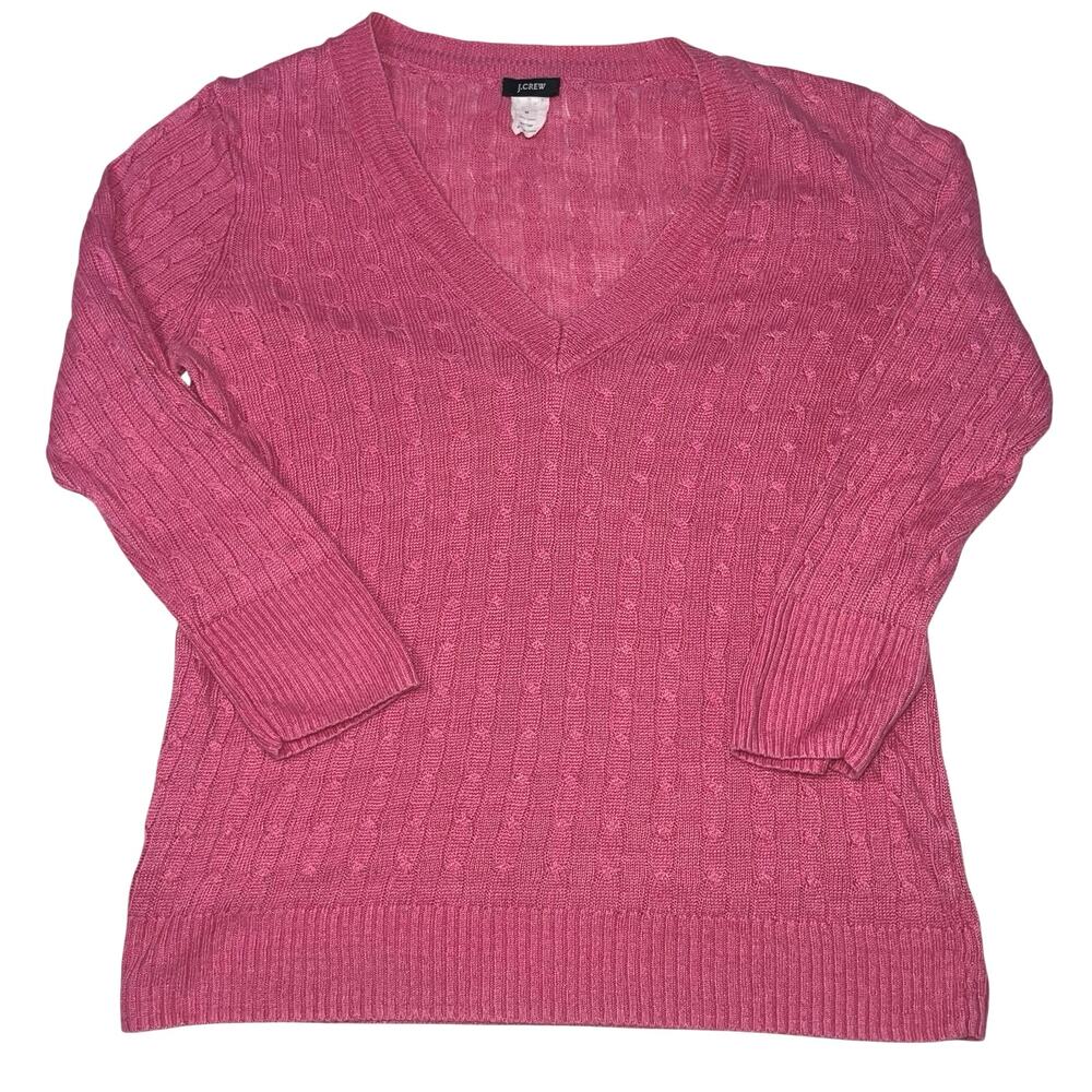 J.Crew Sweater Women’s Size M Pink Cable Knit Linen V Neck Pullover Long Sleeve